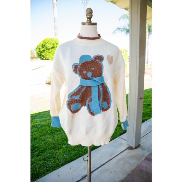 Women's Vintage Knit Sweater Brown Teddy Bear with Blue Scarf Pullover - Picture 2 of 3